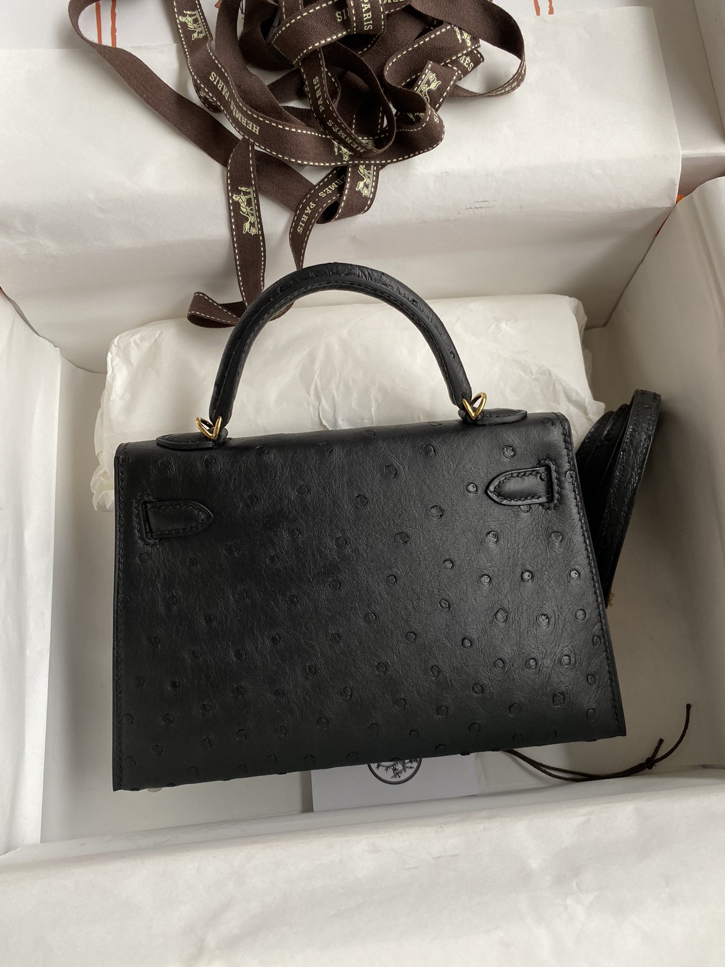 Hermes Kelly Mini II Bag 19CM In Black Ostrich Leather